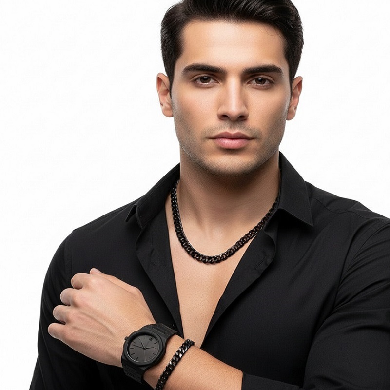 ست مردانه ساعت و دستبند و گردنبند solid black-مشکی